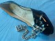 Faith peep toe + steel nipple clamps ready to do their nafarious work. I attach one clamp to my nipple, cock, balls, whatever, hold the shoe out and simply let it drop. Beautiful pain! Click to see Dr Jones’s pic